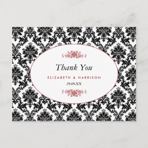 Vintag Red Black & White Damask Wedding Vielen Dan Postkarte