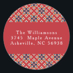 Vintag Red Blue Christmas Rücksendeadresse Runder Aufkleber<br><div class="desc">Vintag Red Blue Geometric Custom Merry Christmas Rücksendeadresse Classic Round Sticker</div>