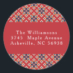 Vintag Red Blue Christmas Rücksendeadresse Runder Aufkleber<br><div class="desc">Vintag Red Blue Geometric Custom Merry Christmas Rücksendeadresse Classic Round Sticker</div>