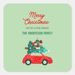 Vintag Red Car Frohe Weihnachten Personalisiert Quadratischer Aufkleber