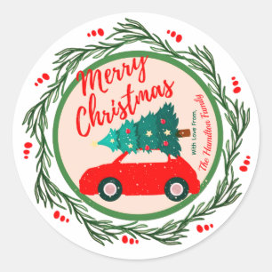 Vintag Red Car Frohe Weihnachten Personalisierter  Runder Aufkleber