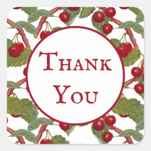 Vintag Red Cherries Watercolor Vielen Dank Quadratischer Aufkleber