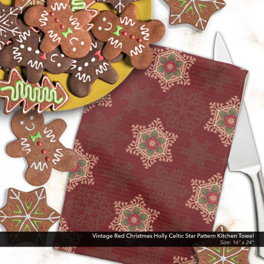 Vintag Red Christmas Holly Celtic Star Pattern Geschirrtuch