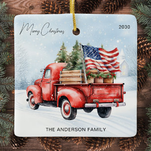 Vintag Red Christmas Truck Farmhouse USA Flag Keramikornament