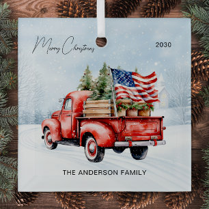 Vintag Red Christmas Truck Farmhouse USA Flag Ornament Aus Glas
