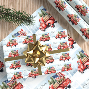 Vintag Red Christmas Truck USA Flag Patriotic Geschenkpapier Set