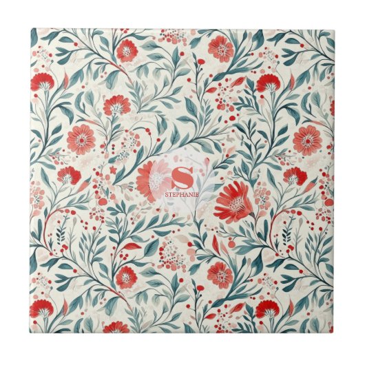 Vintag Red Daisy Floral Pattern - Botanisch Fliese (Vorderseite)