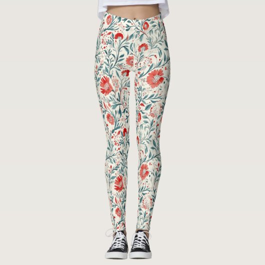 Vintag Red Daisy Floral Pattern - Botanisch Leggings (Vorderseite)