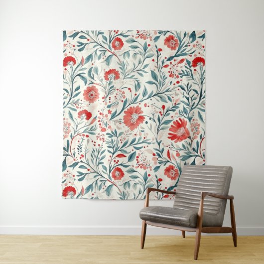 Vintag Red Daisy Floral Pattern - Botanisch Wandteppich (Beispiel)
