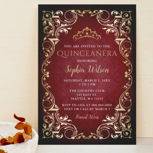 Vintag Red Gold Princess Tiara Quinceañera Einladung