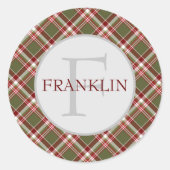 Vintag Red Green Classic Kariert Monogram Runder Aufkleber (Vorderseite)