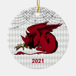 Vintag Red Griffin Christmas Keramik Ornament