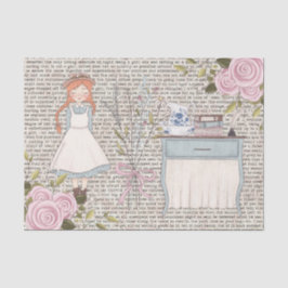 Vintag Red Hair Girl Rose Schreibmaschine Decoupag Seidenpapier