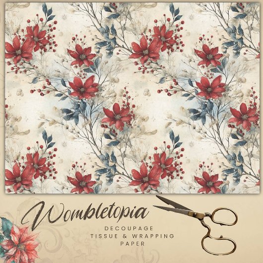 Vintag Red Poinsettia Christmas Decoupage Seidenpapier