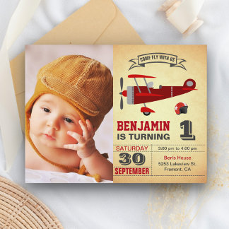 Vintag Red Retro Airplane zum Geburtstag Einladungspostkarte