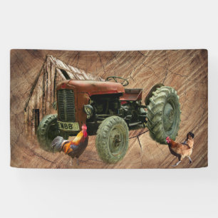 Vintag Red Tractor Barn Rooster Hen Banner
