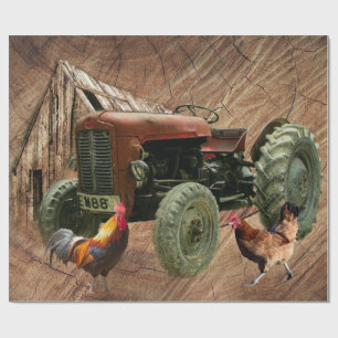 Vintag Red Tractor Rooster Hen Rustic Barn Shed Geschenkpapier