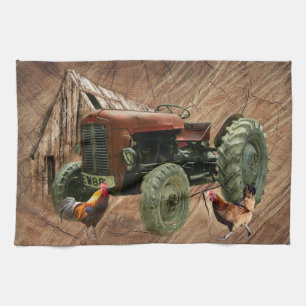 Vintag Red Tractor Rooster Hen Rustic Barn Shed Geschirrtuch