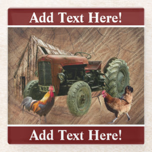 Vintag Red Tractor Rooster Hen Rustic Barn Shed Glasuntersetzer