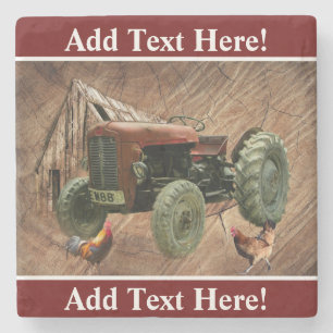 Vintag Red Tractor Rustic Barn Rooster Hen Steinuntersetzer