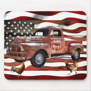 Vintag Red Truck American Flag Rooster Hen Mousepad