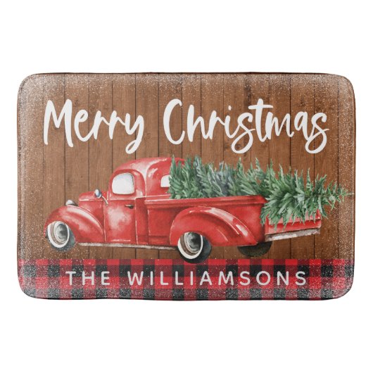 Vintag Red Truck Kariert Frohe Weihnachtsbezeichnu Badematte (Vorderseite)
