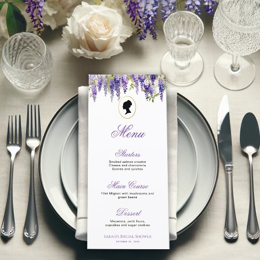 Vintag Regency Lady Lila Wisteria Brautparty Menükarte