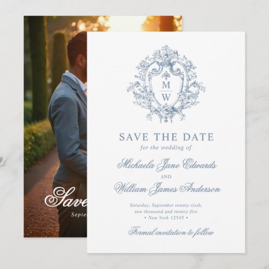 Vintag Regency Monogram Wappen & Foto Wedding Save The Date (Vorne/Hinten)