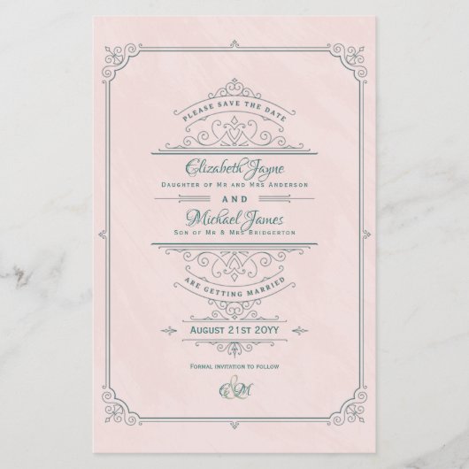 Vintag Regency Verziert Wedding rettet Termine Flyer (Vorne)