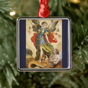 Vintag Religiös, Saint Michael Defeats Lucifer Ornament Aus Metall