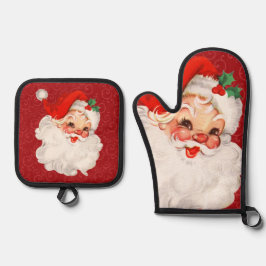 Vintag Retro 1950er Jahre Weihnachtsmann Rot Ofenhandschuh & Topflappen-Set