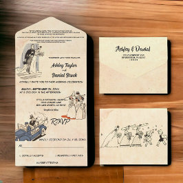 Vintag Retro Alte Romantische 50er Comic Hochzeit All In One Einladung