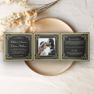 Vintag Retro Art Deco Foto Hochzeit Dreifach Gefaltete Einladung