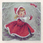 Vintag Retro Christmas Girl Caroling in Snow Glasuntersetzer (Vorderseite)