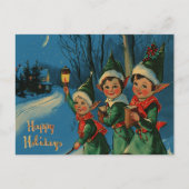 Vintag Retro Christmas: Glückliche Elfen Feiertagspostkarte (Vorderseite)
