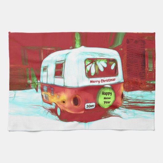 Vintag Retro Christmas Green Red Holiday Camper Geschirrtuch (Horizontal)