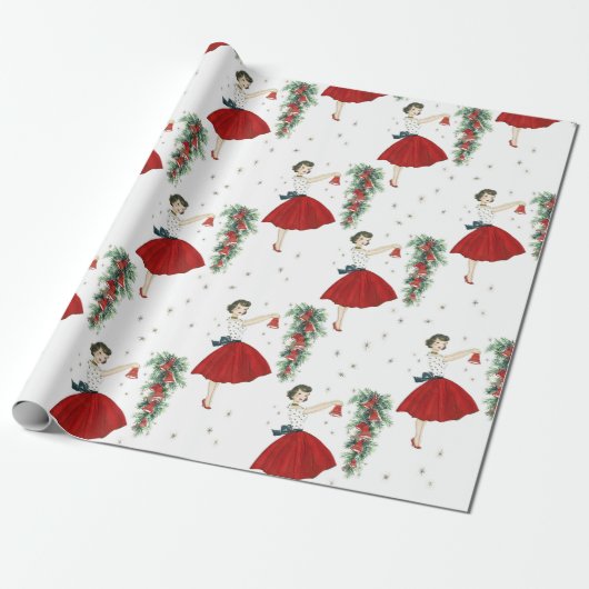 Vintag Retro Christmas Lady Geschenkpapier (Ungerollt)