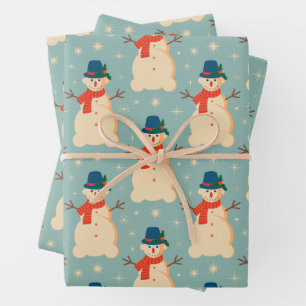 Vintag Retro Christmas Snowman Light Blue Geschenkpapier Set