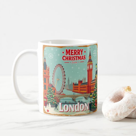 Vintag Retro Frohe Weihnachten aus London Kaffeetasse (Mit Donut)