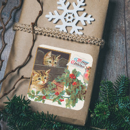 Vintag Retro Frohe Weihnachten Niedliche Katzen Bi Quadratischer Aufkleber
