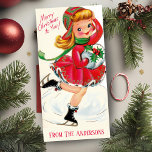 Vintag Retro Girl Ice Skater Custom Christmas Feiertagskarte<br><div class="desc">Diese charmante Weihnachtskarte ist ein Rückwurf aus der Mitte des Jahrhunderts, in dem ein liebes Mädchen auf Eiskleider mit den Worten "Frohe Weihnachten für dich!" zu sehen ist. Fügen Sie unten Ihren Namen oder Familiennamen hinzu. Personalisieren Sie noch mehr, indem Sie die Nachricht auf der Rückseite anpassen und/oder Ihren Namen...</div>