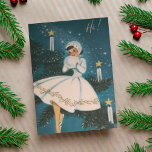 Vintag Retro Girl in White Christmas Feiertagskarte<br><div class="desc">Diese Vintage Karte zeigt eine wunderschöne Dame aus der Mitte des Jahrhunderts, die ein weißes Kleid, einen Hut und einen Muff mit Goldschnitt trägt. Sentiment in der Karte lautet: "Möge Ihre Ferienzeit mit Liebe und Freude gefüllt werden. Frohe Weihnachten!" und kann nach Wunsch geändert oder bearbeitet werden. Fügen Sie Ihren...</div>