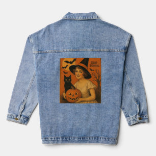 Vintag/Retro Happy Halloween Hexe, Katze, Kürbis Jeansjacke