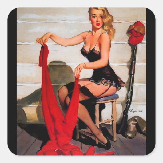 Vintag Retro Hunter Pinup Girl Quadratischer Aufkleber (Vorderseite)