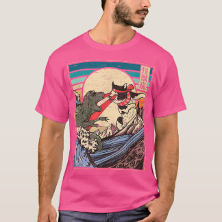 Vintag Retro Japanisch Große Wave Cat Vs Monster O T-Shirt
