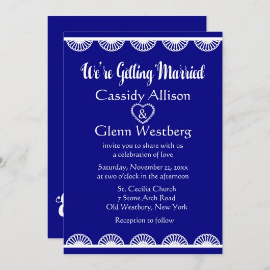 Vintag Retro Lace Royal Blue & White Wedding Einladung (Vorne/Hinten)