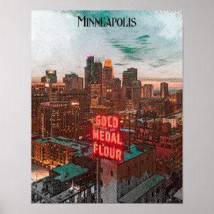Vintag Retro Minneapolis Minnesota Reisen Skyline Poster
