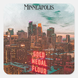 Vintag Retro Minneapolis Minnesota Reisen Skyline Quadratischer Aufkleber