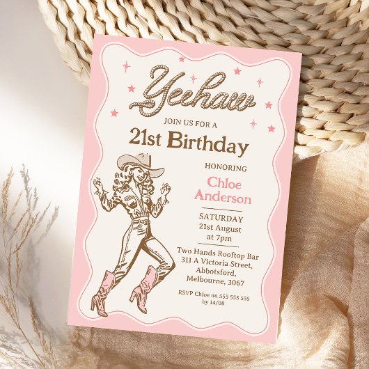 Vintag Retro Pink Yeehaw Cowgirl 21. Geburtstag Einladung