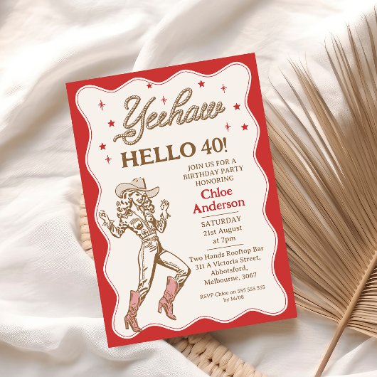 Vintag Retro Red Yeehaw Cowgirl 40. Geburtstag Einladung